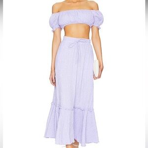 2-Piece Revolve LPA Lavender Purple Off Shoulder Smocked Crop Top & Midi Skirt